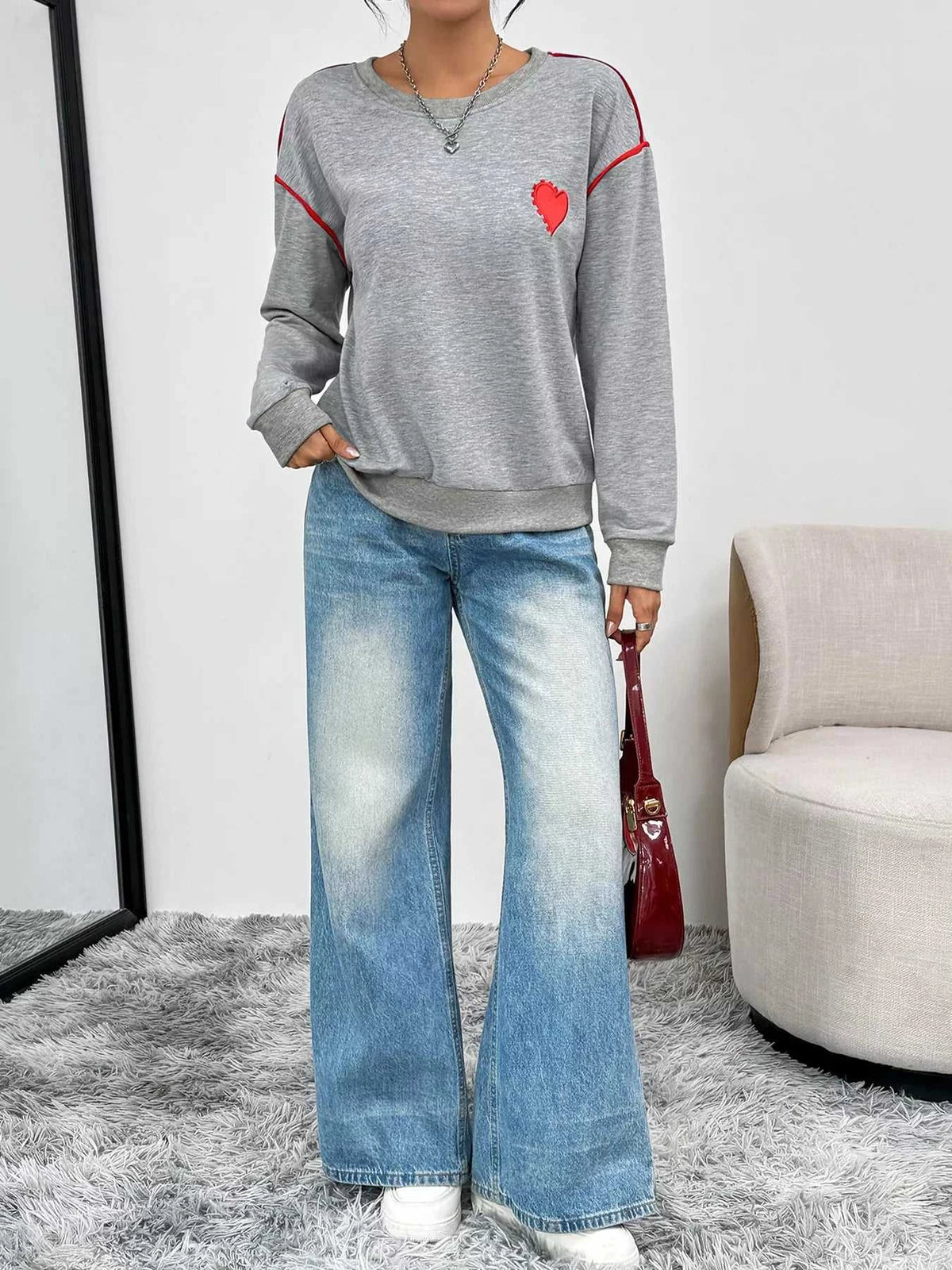 Heart Embroidered Round Neck Sweatshirt 100100424286744 35 Affordable Fashion Under $100 Jerry's Apparel 