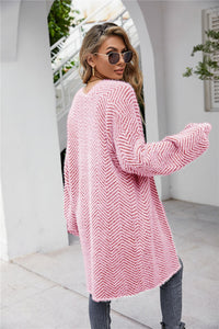 Angel Wings Herringbone Pattern Open Front Longline Fuzzy Cardigan