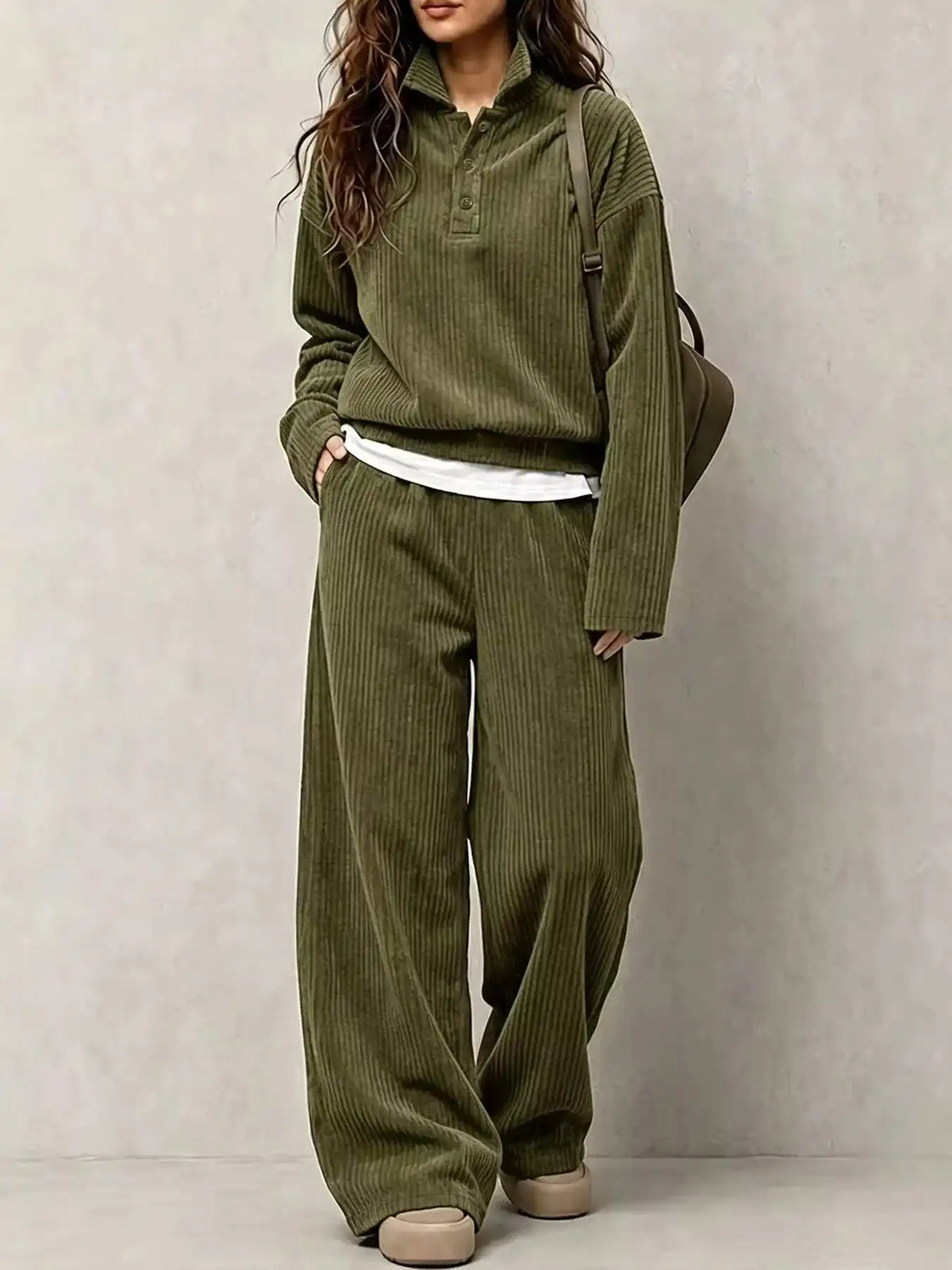 Corduroy Button Detail Top and Wide-Leg Pants Set 101001305640558 63 Affordable Fashion Under $100 Jerry's Apparel 