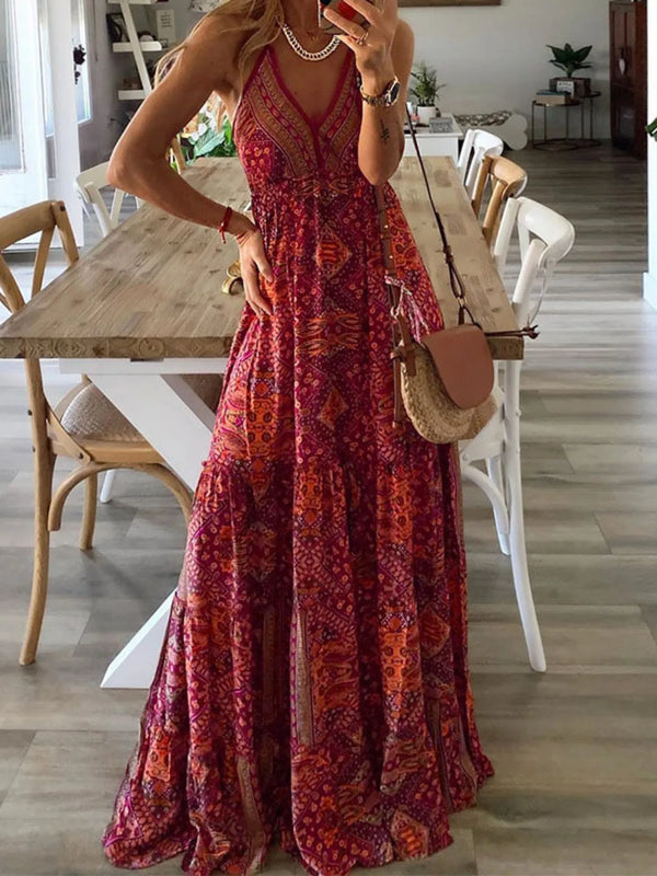 Full Size Printed V-Neck Maxi Cami Dress Plus Size