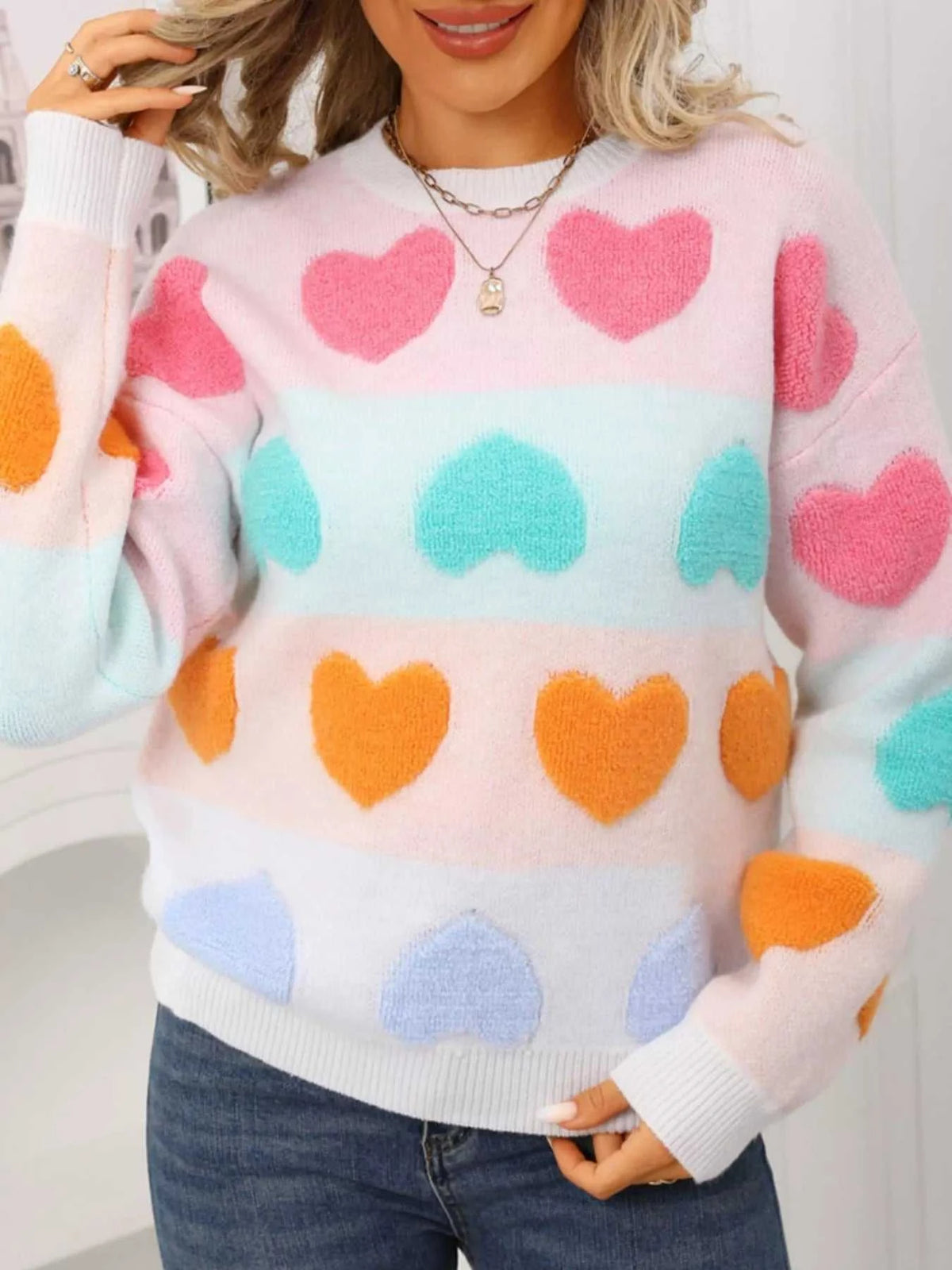 Valentine's Day Heart Pattern Fuzzy Knit Sweater 100100216252554 50 Gifts for Her Jerry's Apparel 