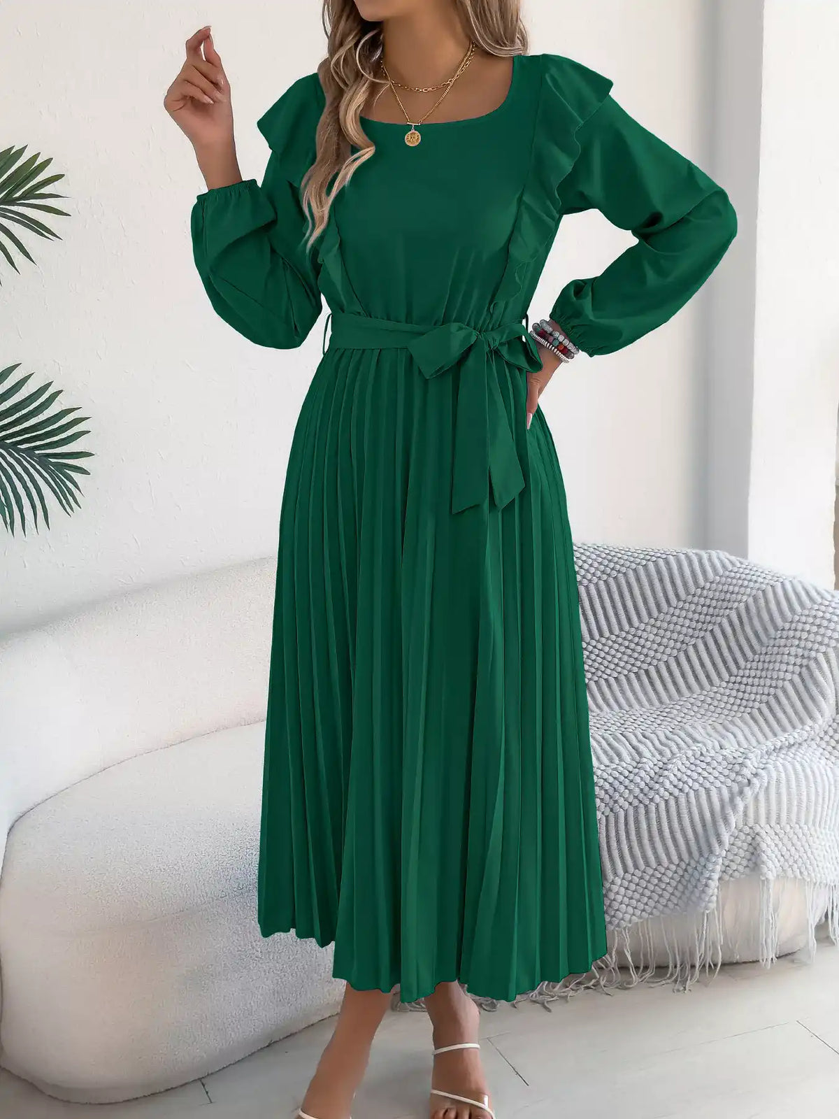 Ruffled Pleated Midi Dress with Waist Tie 101001197851740 44 Affordable Fashion Under $100 Jerry's Apparel 