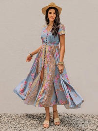 Smocked Floral V-Neck Short Sleeve Midi Dress