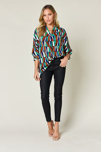 Full Size Geometric Notched Raglan Sleeve Blouse