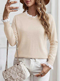 Elegant Lace Trim Round Neck Sweater 100100201428003 44 Affordable Fashion Under $100 Jerry's Apparel 