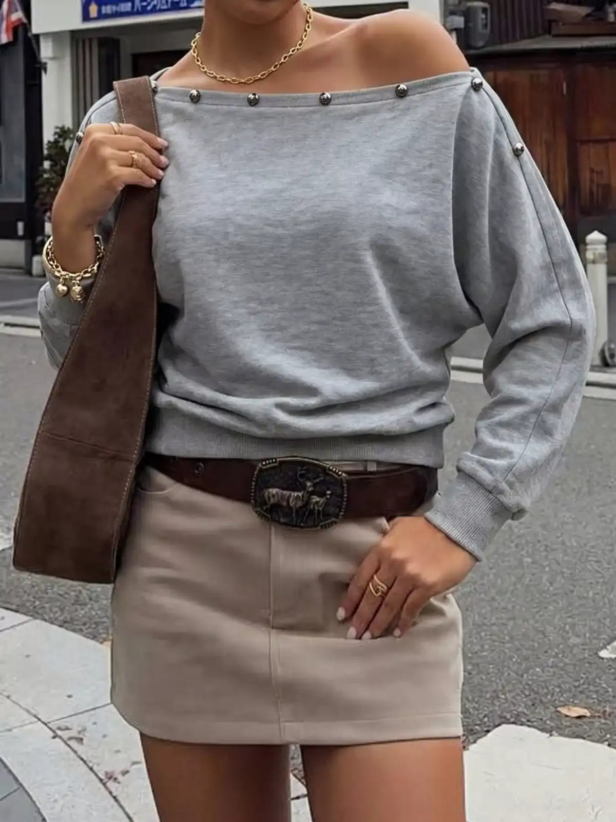 Studded Off Shoulder Long Sleeve T-Shirt 101001169495507 50 Affordable Fashion Under $100 Jerry's Apparel 