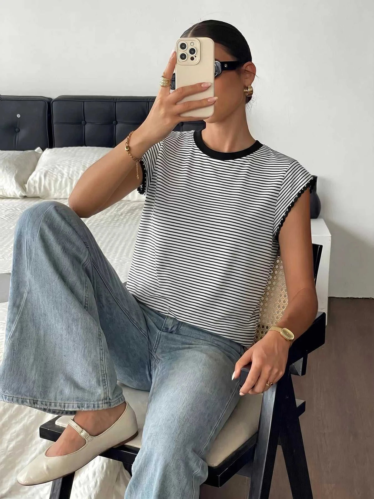 Classic Striped Crew Neck T-Shirt 100100609256431 26 Women's T-shirts Affordable Fashion Under $100 Jerry's Apparel 