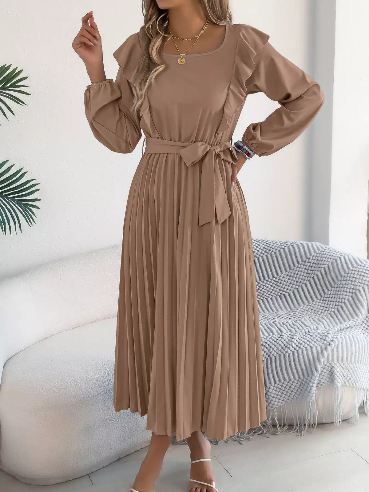 Ruffled Pleated Midi Dress with Waist Tie 101001197851740 44 Affordable Fashion Under $100 Jerry's Apparel 