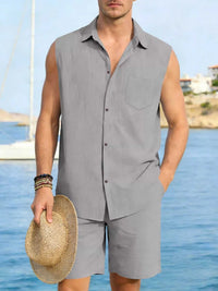 Men's Full Size Button Up Sleeveless Top and Shorts Plus Size 100400363418053 40 Men's Sets Jerry's Apparel 