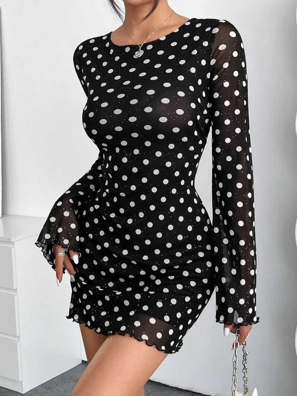 Backless Polka dot Long Sleeve Mini Mesh Dress 100100947031516 27 Affordable Fashion Under $100 Jerry's Apparel 