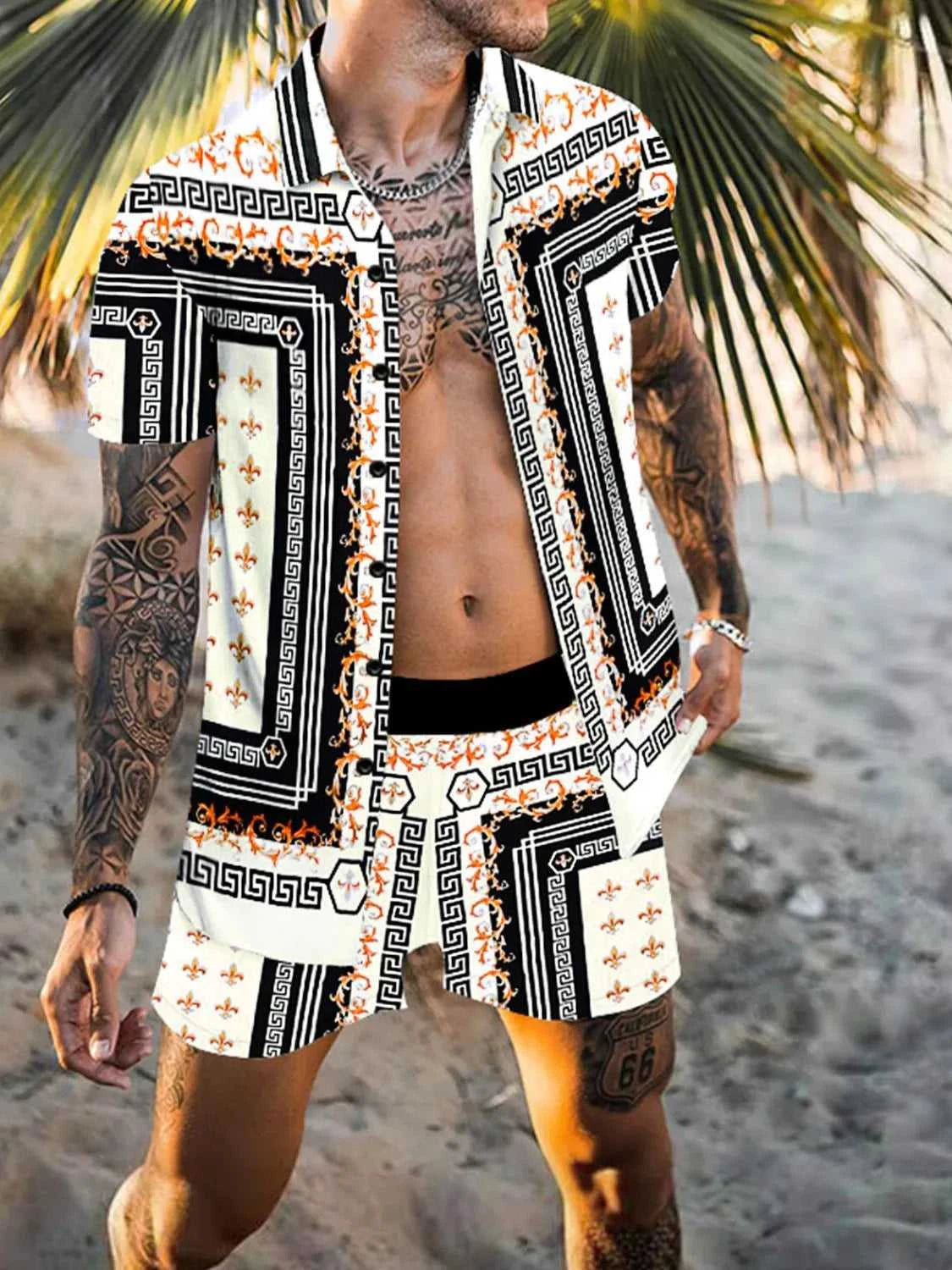 Men's Full Size Printed Collared Neck Short Sleeve Top and Shorts Set Plus Size 100400971731723 36 Affordable Fashion Under $100 Jerry's Apparel 