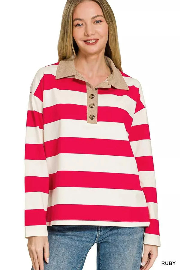 Zenana Striped Contrast Collar Polo Top 100100124201410 33 Affordable Fashion Under $100 Jerry's Apparel 