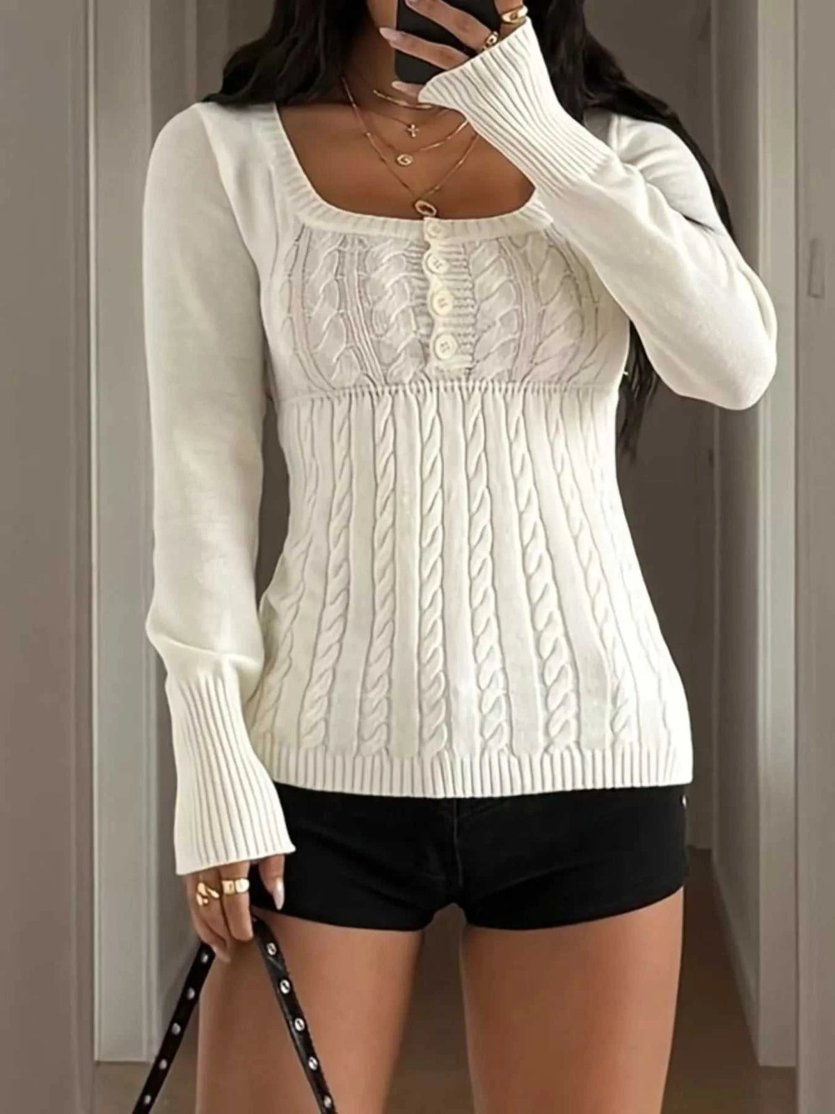 Cable Knit Button-Front Fitted Sweater 100100225010743 40 Affordable Fashion Under $100 Jerry's Apparel 