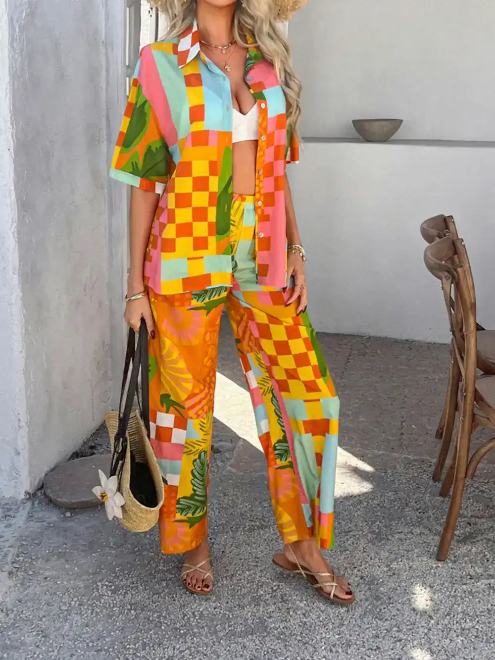 Devine Printed Button Down Shirt and Pants Set 100100774461792 54 Gifts for Her Jerry's Apparel 