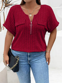 Plus Size Ribbed Half Zip Relaxed Fit T-Shirt