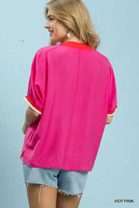 Umgee Embroidered Floral V-Neck Short Sleeve Blouse with Contrast Trim 100100890601360 53 Affordable Fashion Under $100 Jerry's Apparel 