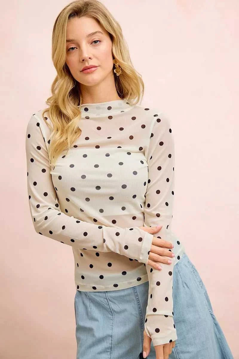 BiBi High Neck Line Polka Dots Mesh Top With Thumb Open 100100247581444 36 Gifts for Her Jerry's Apparel 