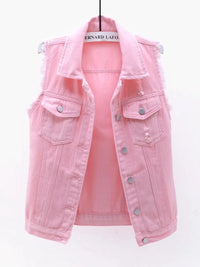 Full Size Button Down Raw Hem Sleeveless Denim Jacket Plus Size