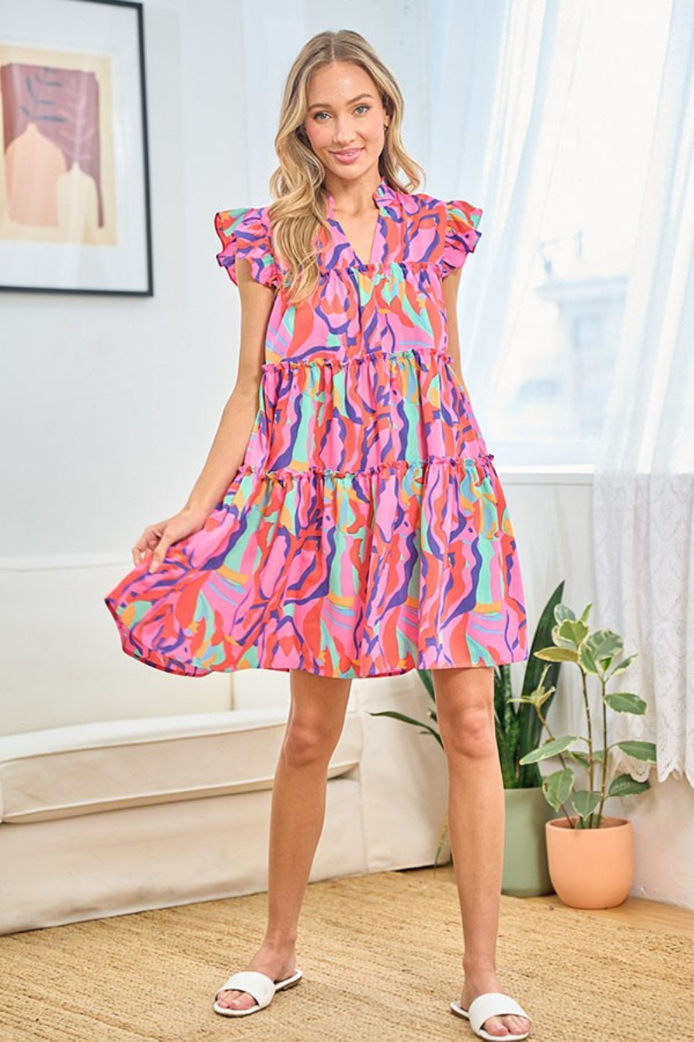 Full Size Printed Ruffle Cap Sleeve Tiered Dress