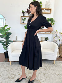 Ruched V-Neck Half Sleeve Midi Dress