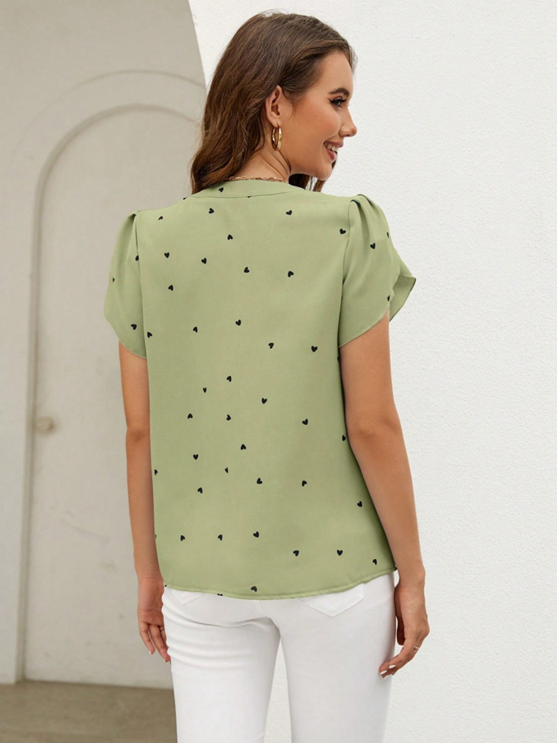 Heart Print Notched Petal Sleeve Blouse