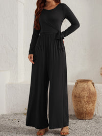 Tied Round Neck Long Sleeve Jumpsuit