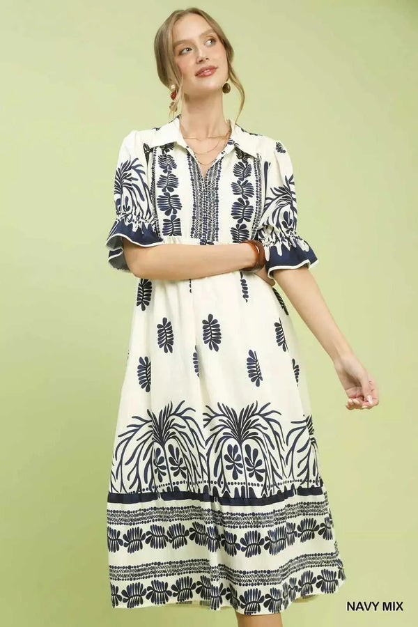 Umgee Border Print Midi Dress with Puff Sleeves 100100999481201 53 Affordable Fashion Under $100 Jerry's Apparel 