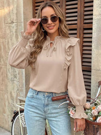 Ruffled Tie Neck Long Sleeve Blouse 100100259171862 36 Affordable Fashion Under $100 Jerry's Apparel 