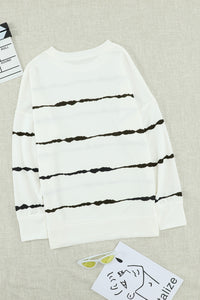 Slit Contrast Striped Round Neck Long Sleeve T-Shirt