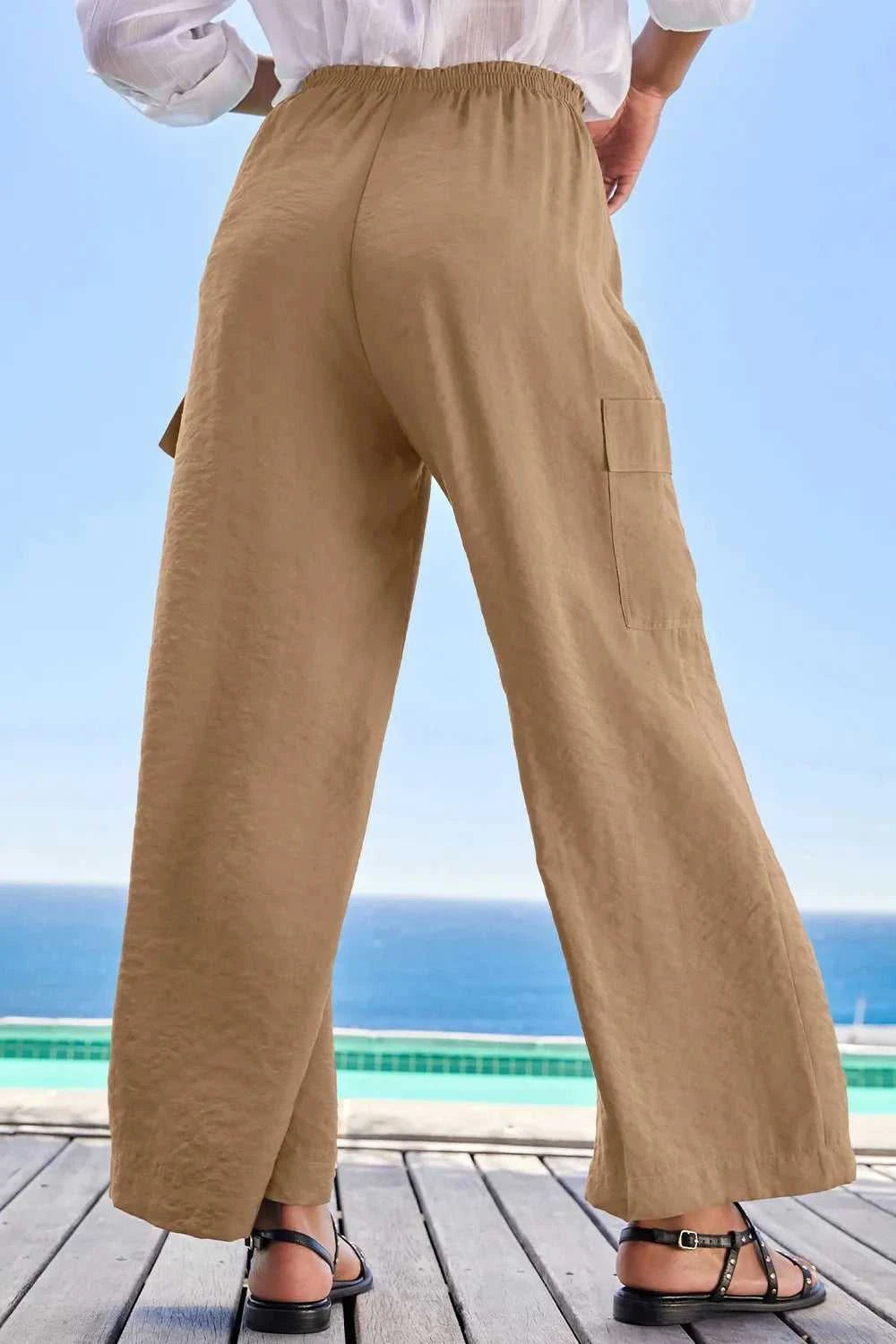 Drawstring Frilled Waist Wide Leg Utility Trousers 100100664290960 36 Jerry's Apparel 