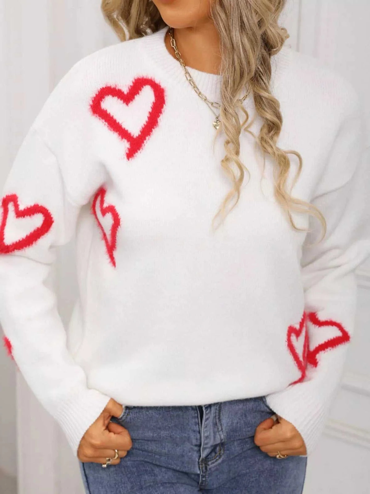 Valentine's Day Heart Print Crew Neck Sweater 100100466321617 50 Gifts for Her Jerry's Apparel 