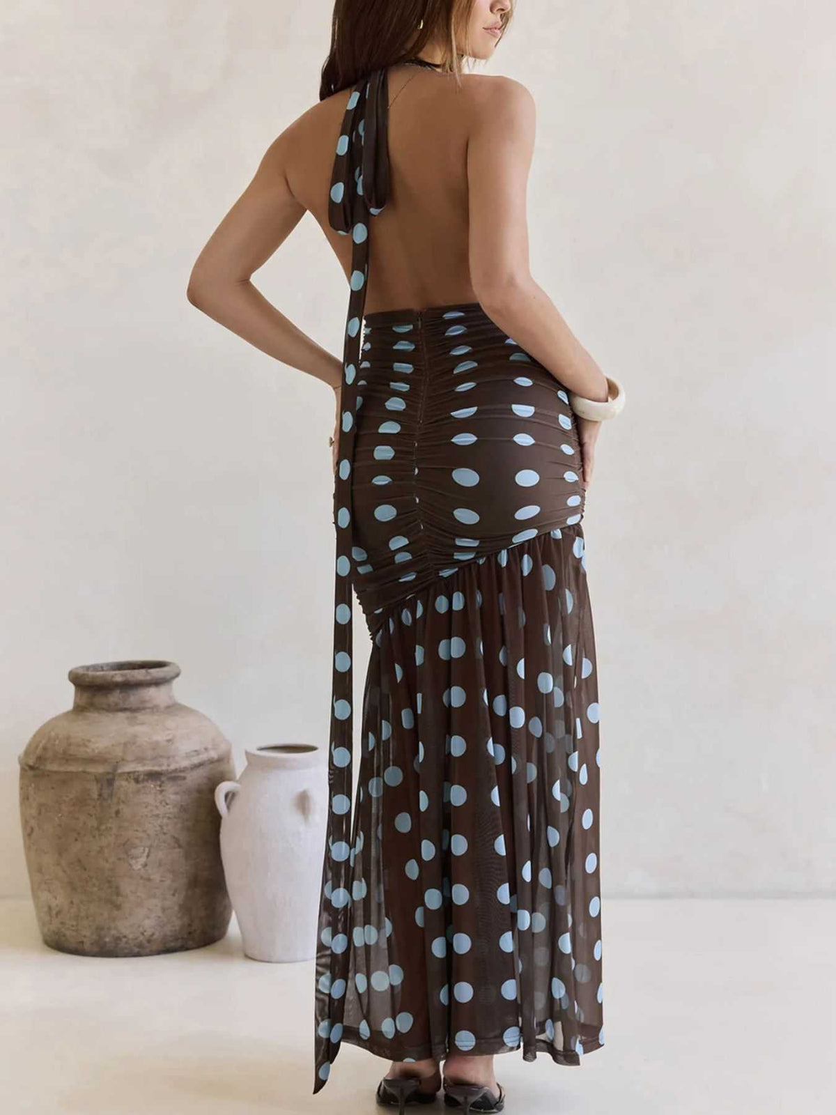 Polka Dot Halter Ruched Maxi Dress 100100900167641 56 Gifts for Her Jerry's Apparel 