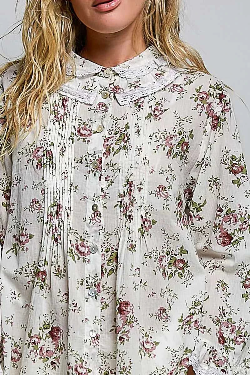 POL Floral Lace Trim Pintuck Button-Down Shirt 100100011681976 66 Affordable Fashion Under $100 Jerry's Apparel 