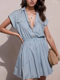 Hlaf Button Striped Cap Sleeve Mini Shirt Dress