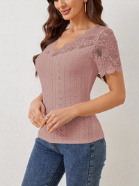 Lace Trim Eyelet Embroidered Summer T-Shirt