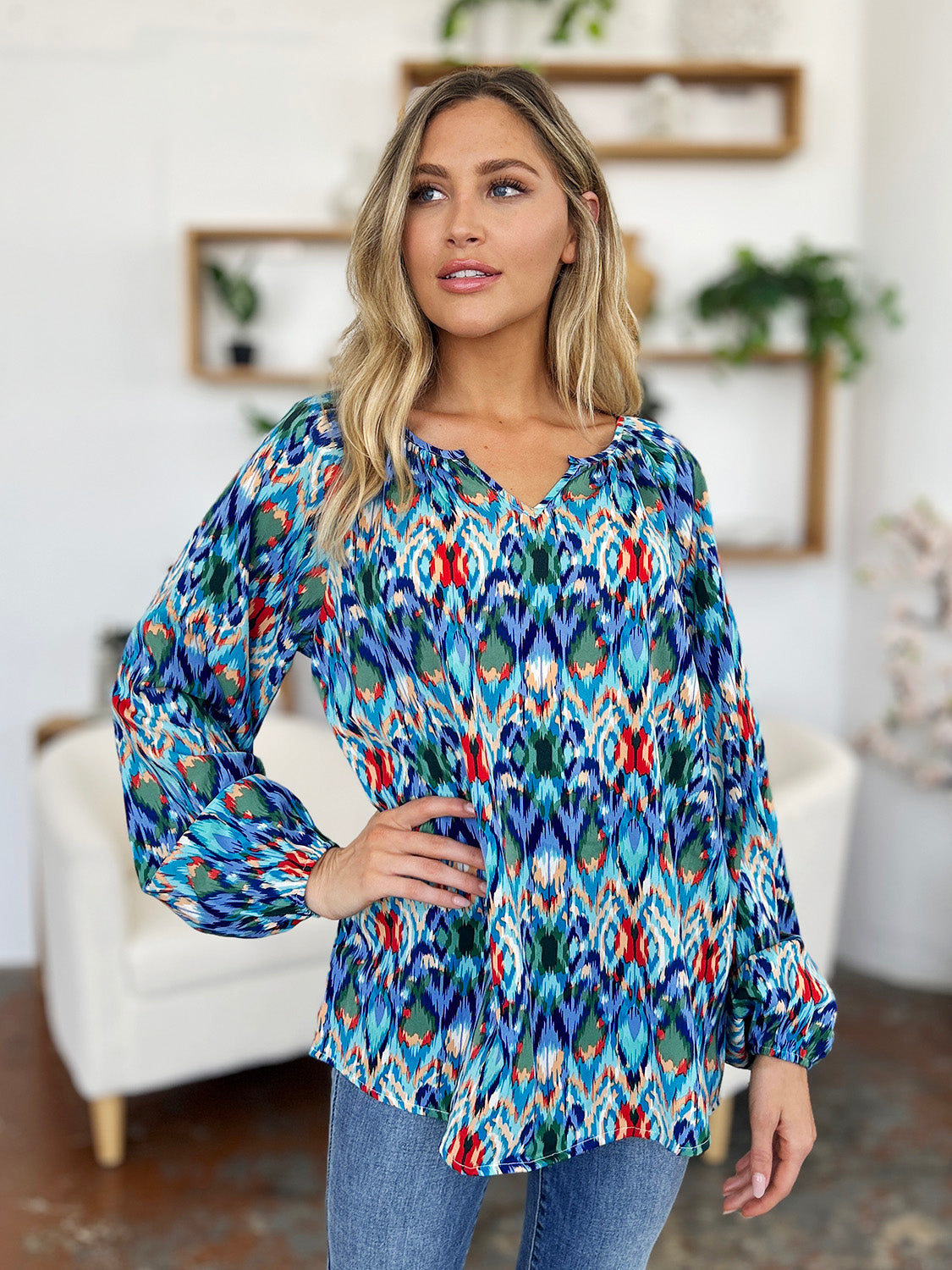 Full Size Printed Balloon Sleeve Blouse