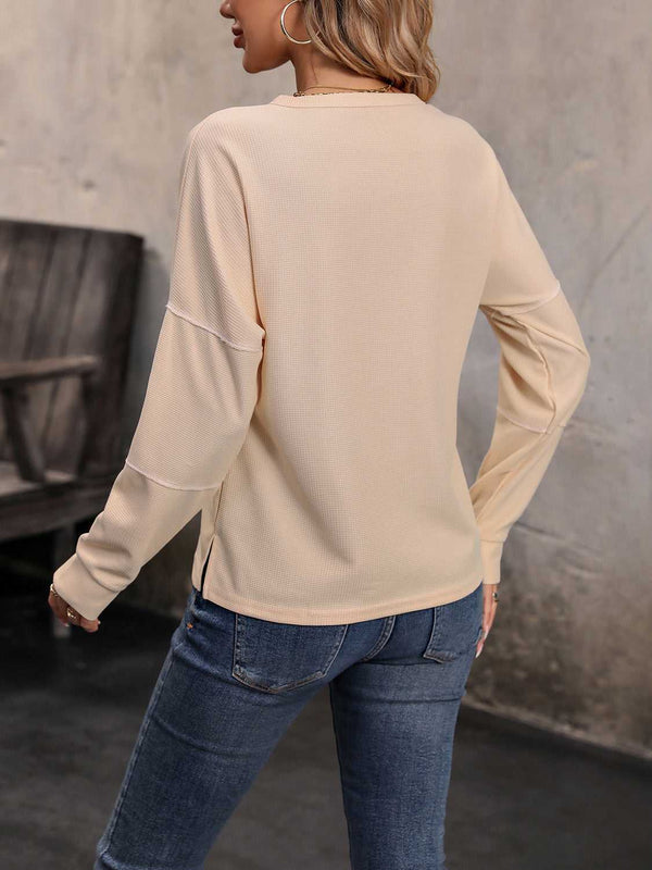 Perfee Round Neck Buttoned Slit Long Sleeve Top 100101019727902 37 Affordable Fashion Under $100 Jerry's Apparel 