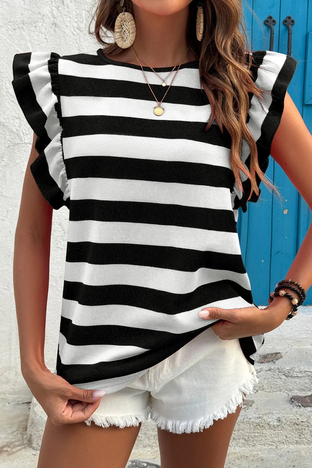 Ruffle Sleeve Striped T-Shirt