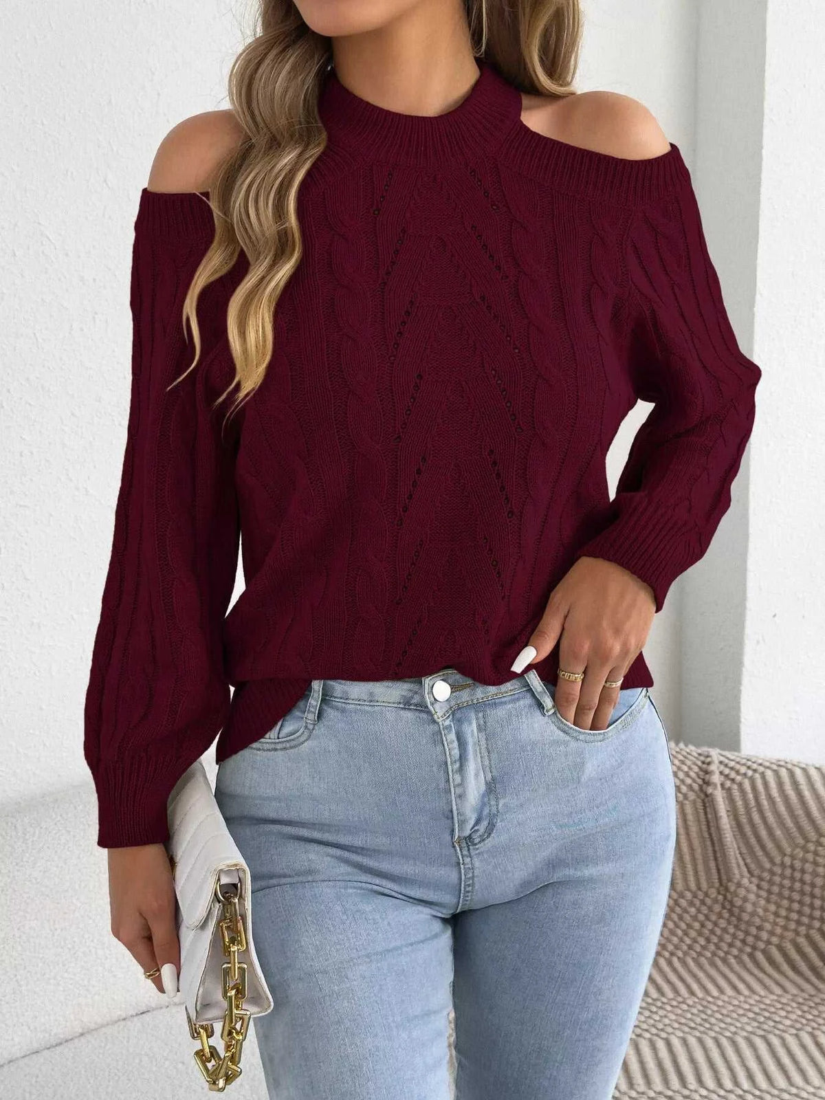 Cold Shoulder Cable Knit Sweater 101002208238460 36 Affordable Fashion Under $100 Jerry's Apparel 