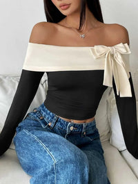 Perfee Bow Contrast Off-Shoulder Long Sleeve Top 100100486221672 31 Affordable Fashion Under $100 Jerry's Apparel 