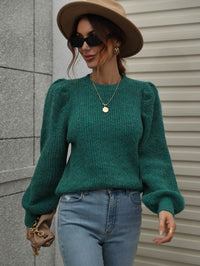 Woven Right Heathered Long Lantern Sleeve Rib-Knit Sweater