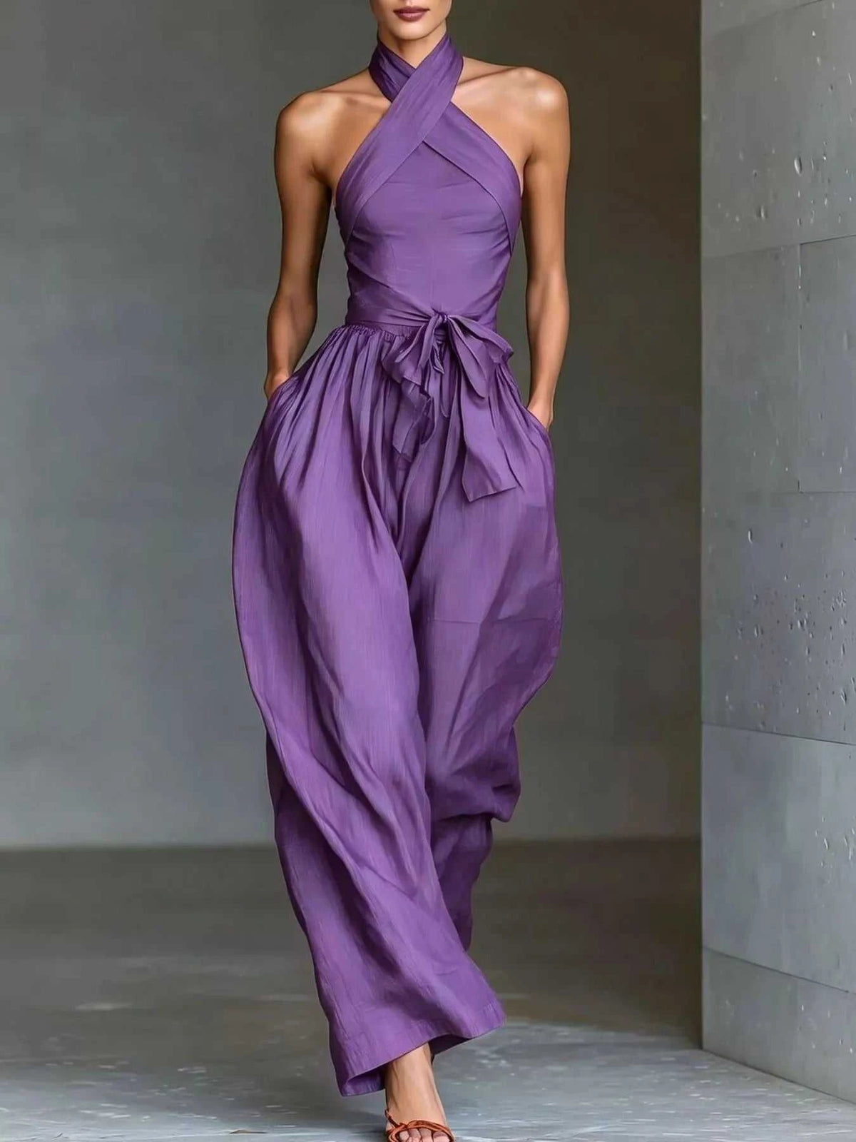 Halter Neck Wide-Leg Jumpsuit with Waist-Tie Detail 101001566820821 48 Affordable Fashion Under $100 Jerry's Apparel 
