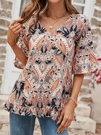 Printed Flounce Sleeve Ruffle Hem Blouse