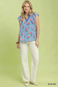 Umgee Striped Floral Ruffle Sleeve Top with Contrast Trim 100100655091894 51 Affordable Fashion Under $100 Jerry's Apparel 