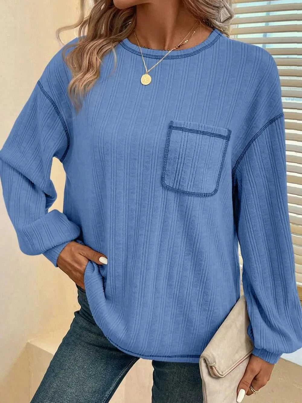 Mandy Contrast Stitching Round Neck Long Sleeve T-Shirt 100100832611725 32 Affordable Fashion Under $100 Jerry's Apparel 