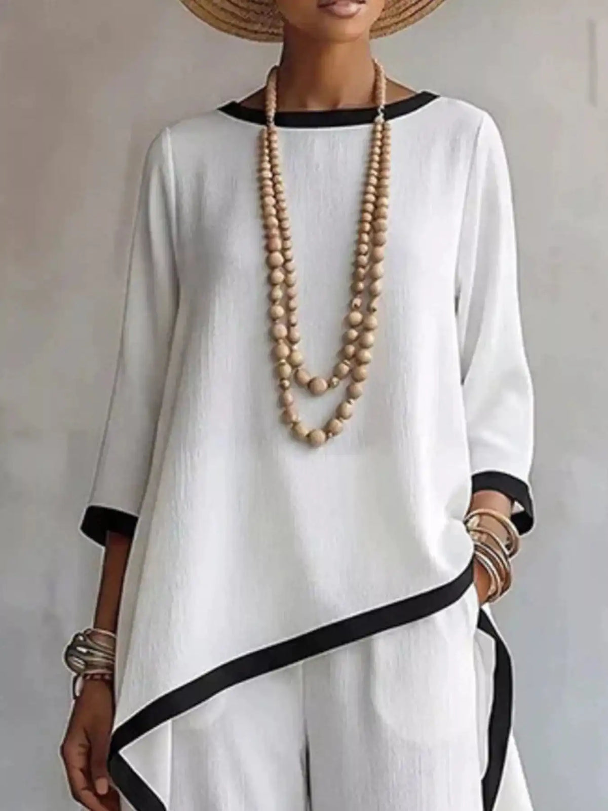 Full Size Contrast Trim High-Low Top and Pants Set Plus Size 101001695377847 67 Women's Pants Set Gifts for Her Jerry's Apparel 