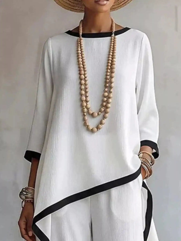 Full Size Contrast Trim High-Low Top and Pants Set Plus Size 101001695377847 67 Women's Pants Set Gifts for Her Jerry's Apparel 