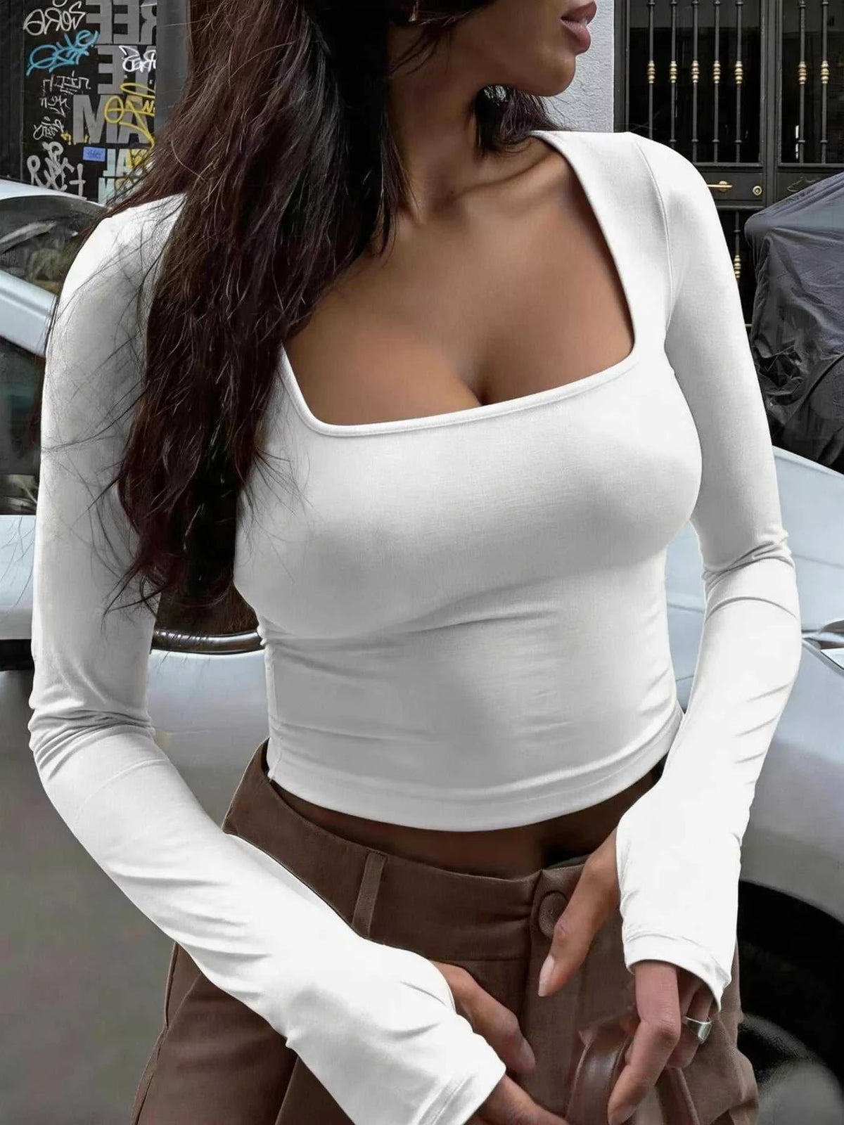 Square Neck Long Sleeve Cropped T-Shirt 100100109502334 20 Jerry's Apparel 