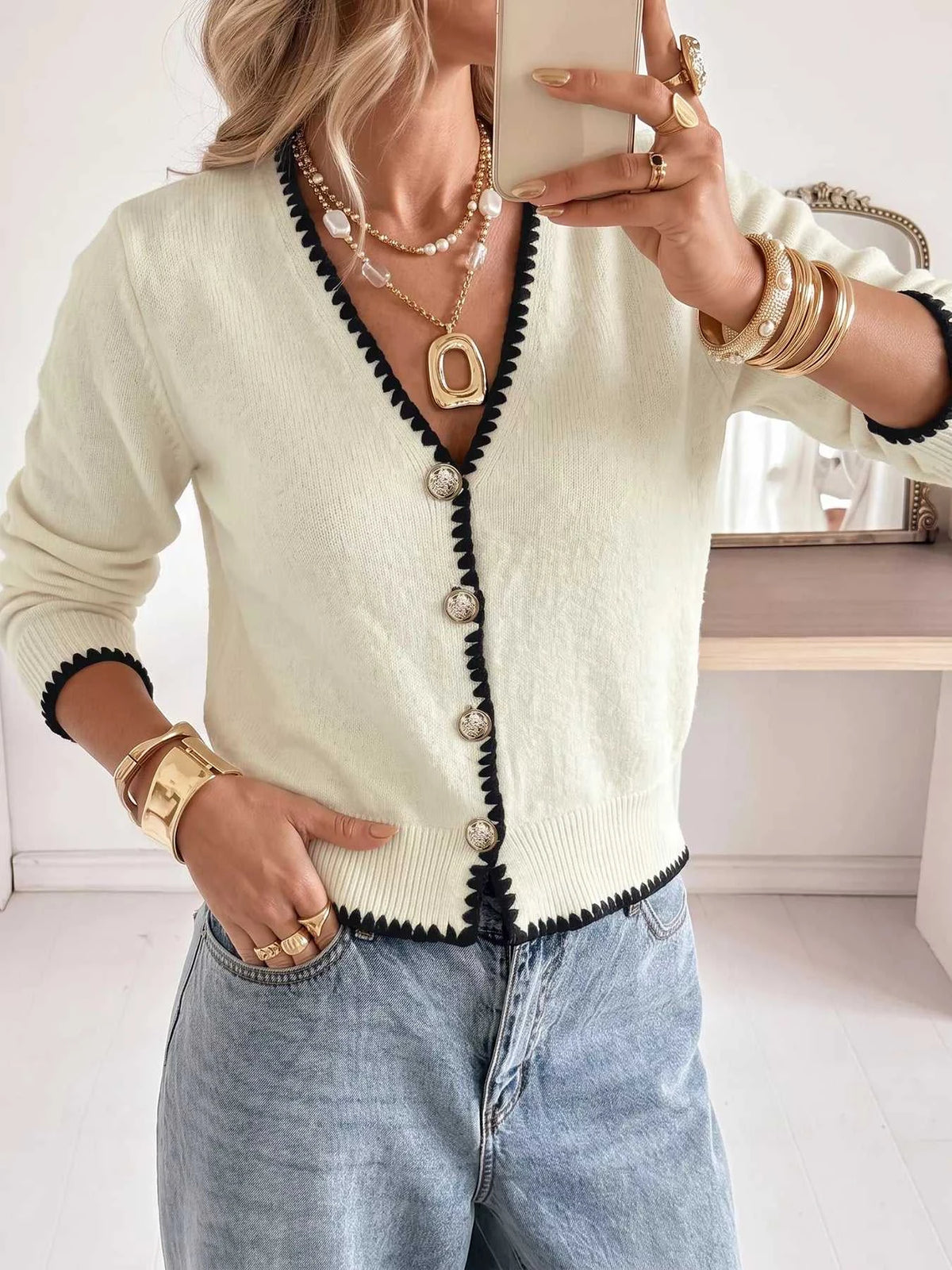 Contrast Trim V-Neck Button-Down Cardigan 101002872931400 55 Affordable Fashion Under $100 Jerry's Apparel 