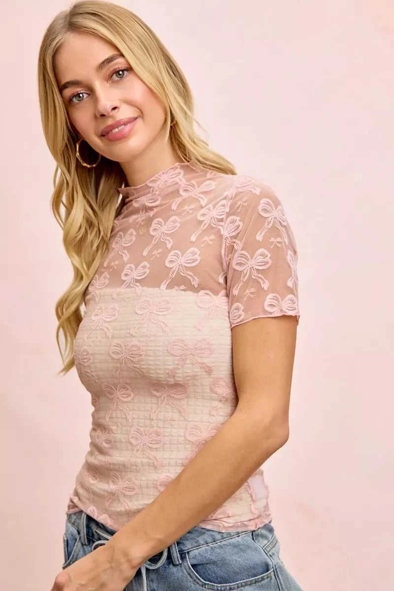 BiBi High Neckline Short Sleeves Bow Pattern Mesh Top 100100195641471 30 Affordable Fashion Under $100 Jerry's Apparel 